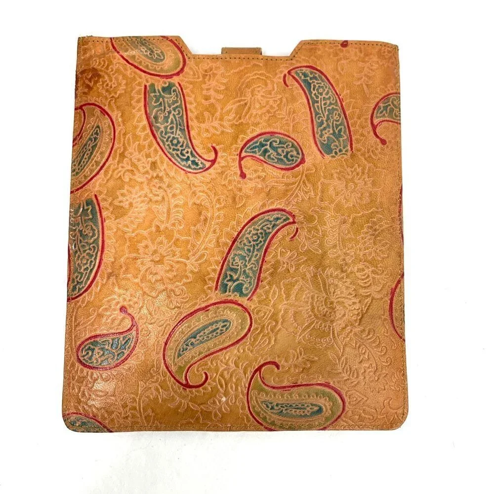 Tooled Faux Leather Paisley Tablet Case - Tan/Green/Red, 10.5